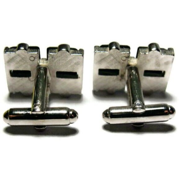 Black Designer Cufflinks by Shields Silver Tone Tux Shirt Dress Suit Vintage - Picture 3 of 9